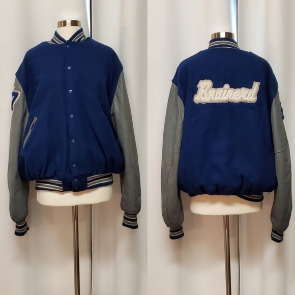 Vintage 90s Varsity Letterman High-school 2 Tone Wool Leather Bomber Jacket Lg - Picture 12 of 13